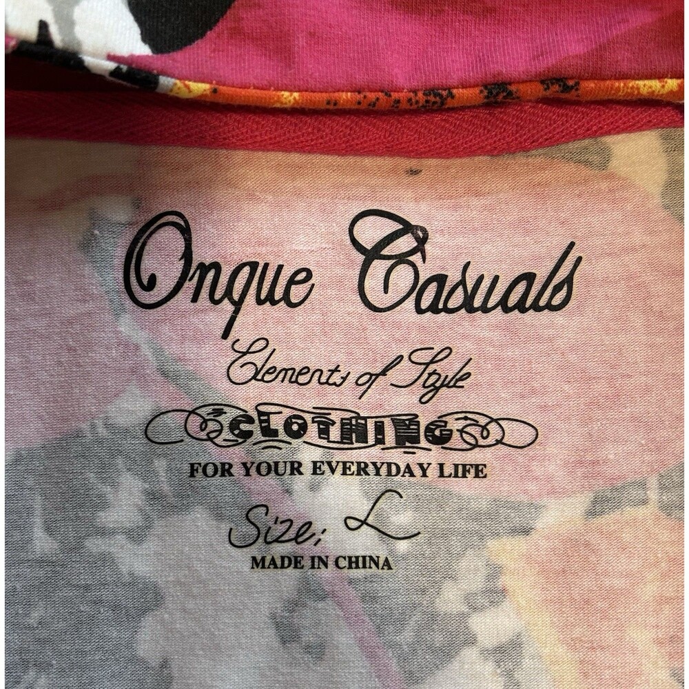 Onque Casuals Leaf Print Zip Up Jacket Large Rhinestone Art to Wear Pink Orange - Picture 8 of 8